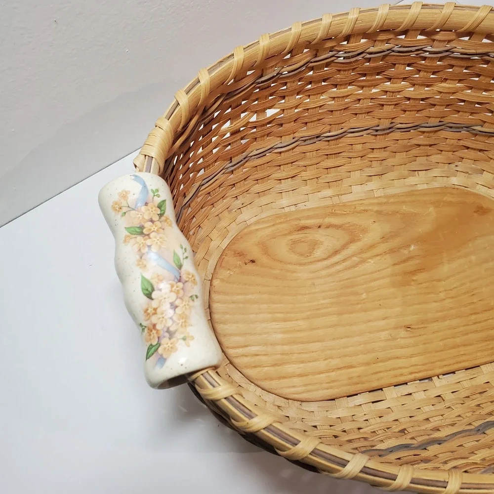 Signed‎ Artisan Woven Splint Bread Basket Wood Base Floral Porcelain Handles